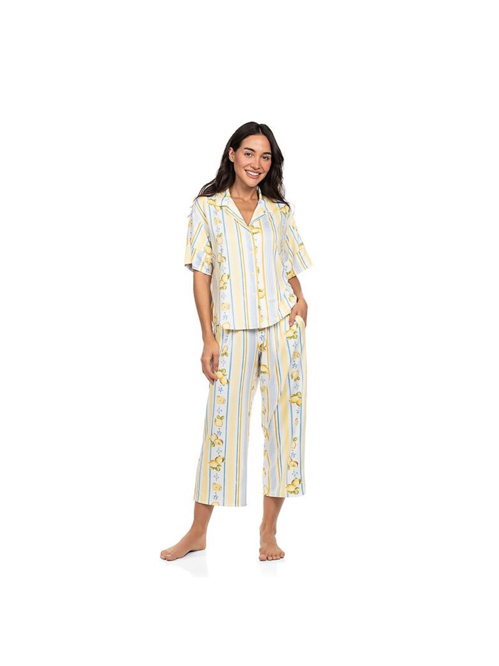 Lilac + London NWT Women's Yellow & Blue Striped Floral Pajama Set